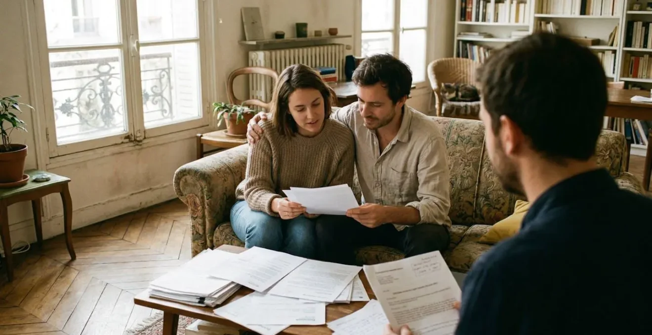 Un couple trentenaire consulte des documents sur leur canapé dans un appartement baigné de lumière méditerranéenne