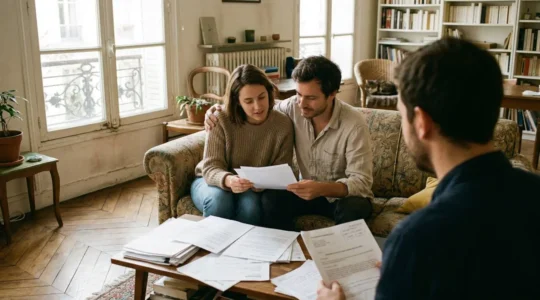 Un couple trentenaire consulte des documents sur leur canapé dans un appartement baigné de lumière méditerranéenne