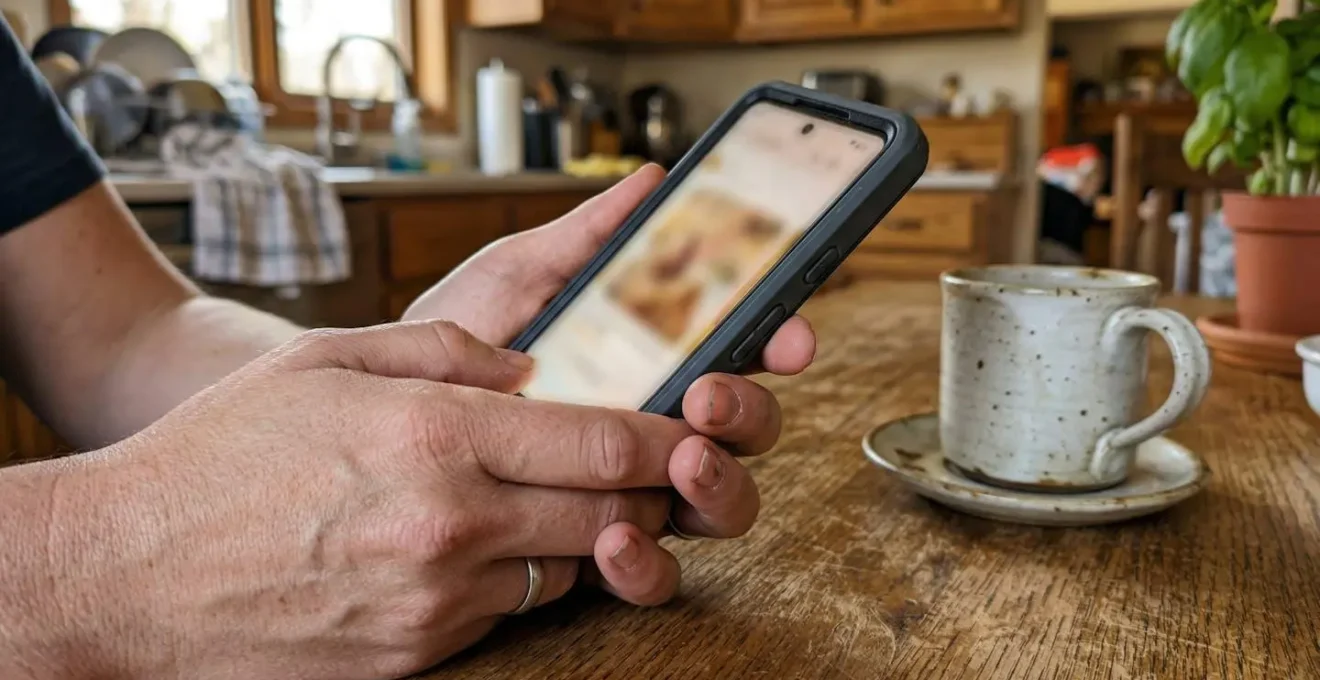 Des mains tiennent un smartphone avec un écran flouté près d'une tasse de café sur une table de cuisine