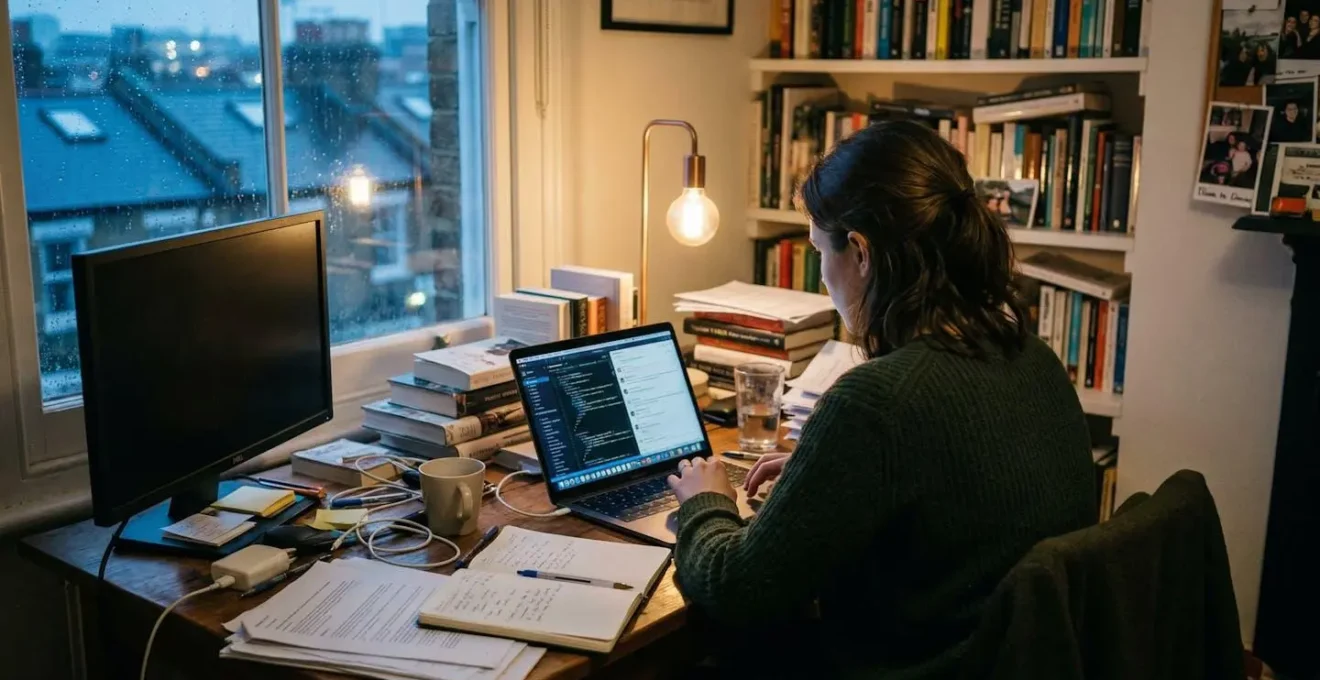 Une personne de dos travaille sur un ordinateur portable entouré de documents administratifs sur un bureau