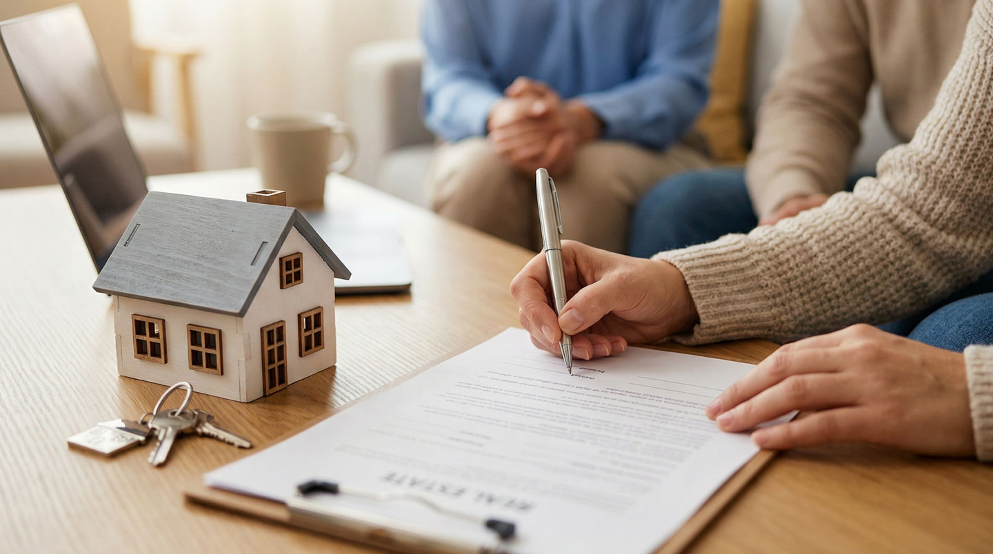 Gros plan sur un document de mandat de vente immobilier avec les options 'Mandat Simple' et 'Mandat Exclusif', cette dernière étant cochée, un stylo posé à côté, avec en arrière-plan flou un conseiller et un couple en rendez-vous.
